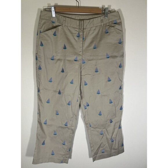 Vintage 90s Lilly Pulitzer khaki cropped embroidered all-over sailboats pants 12 - Picture 1 of 10